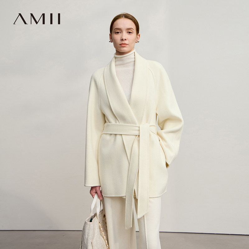 Amii2025冬新款国风翻领插肩袖中长宽松无弹全羊毛双面呢配腰带女