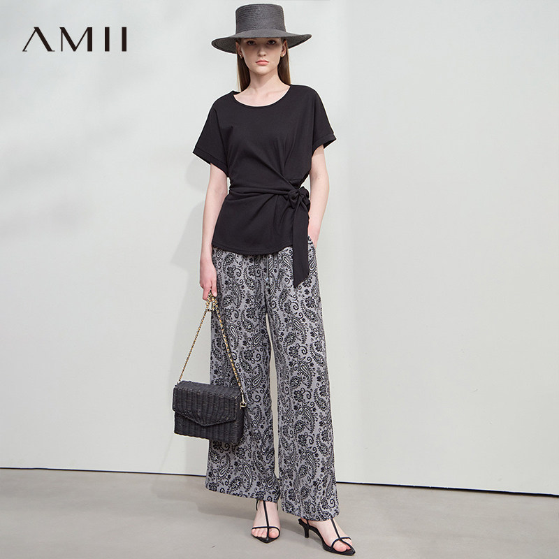 AMII【韩系休闲】2026夏韩版简约休闲T恤搭配阔腿裤两件套女套装