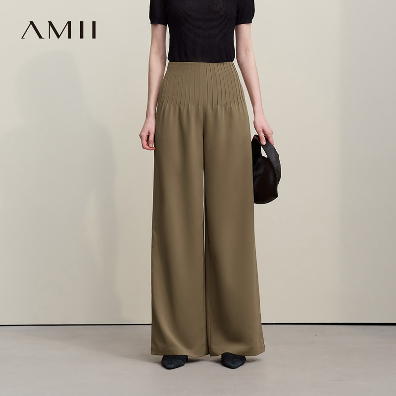 Amii2026夏新款通勤风牙签褶阔腿裤休闲长裤女垂感雪纺黑色裤子