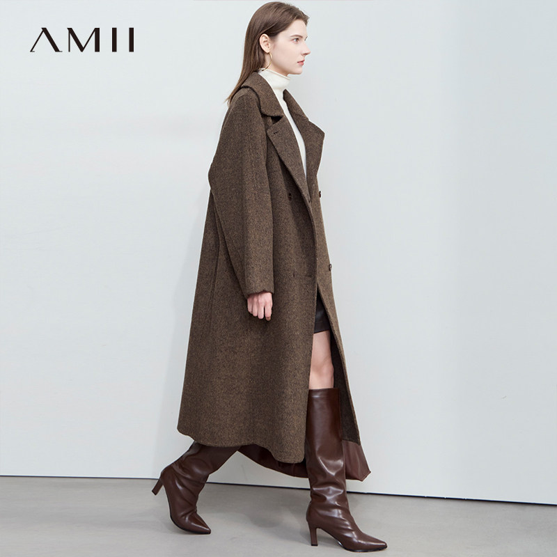 Amii【轻奢老钱风】2026冬双排扣绵羊毛双面呢女长款宽松外套大衣