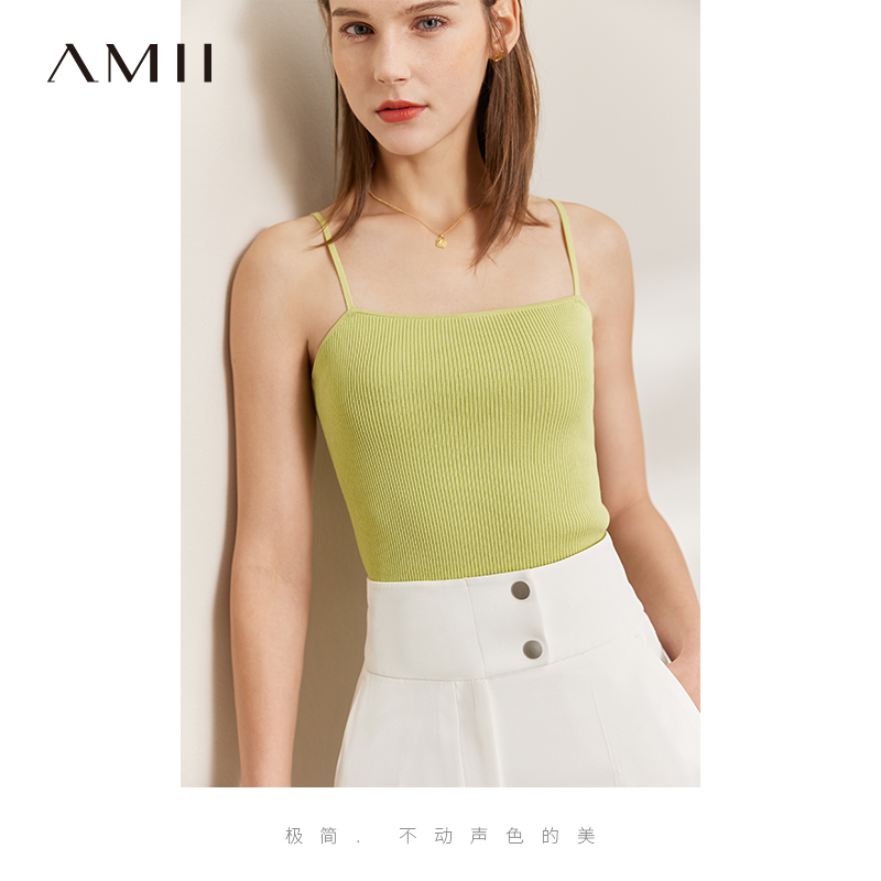 Amii2025夏新款细肩带坑条纹平口吊带背心修身显瘦百搭内搭上衣