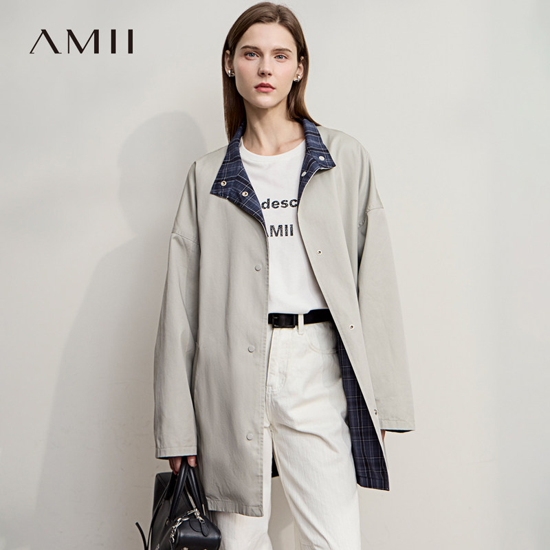 Amii【日系风两面穿】26秋简约日系风两面穿中长款款立领风衣外套