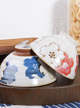 [和风]日本进口美浓烧釉下彩蓝色红色樱花色陶瓷日式米饭碗