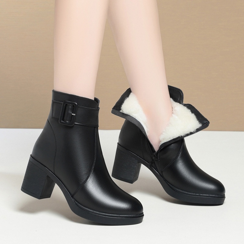 20252024冬季真皮高跟羊毛短靴女粗跟厚底英伦马丁靴加绒棉皮鞋