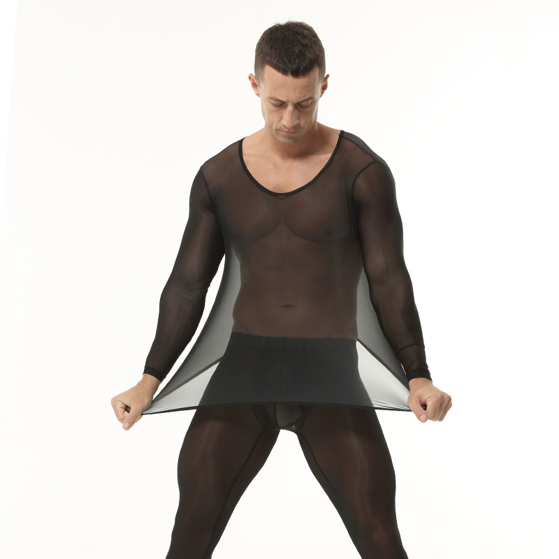 男士薄款秋衣秋裤套装超薄半透明性感透视紧身弹力运动训练内衣