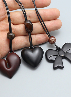 复古简约木爱心蝴蝶结吊坠项链中长款民族风毛衣链搭衣服挂脖配饰