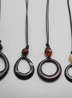 树脂木质长款不规则圆环吊坠项链女民族风毛衣挂链挂脖高级感配饰