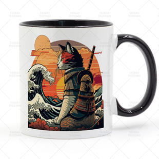 武士猫 神奈川冲浪里马克杯 陶瓷水杯杯子