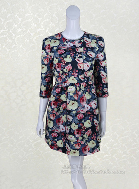 新!JH风 印花圆领七分袖收腰蓬蓬裙优雅气质女春秋连衣裙LB110