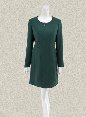 新!丝fu卡 正品 简约修身假两件墨绿女秋冬拉链款长袖连衣裙46217