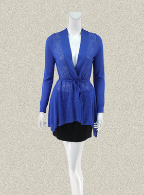 丝fu卡 正品 无扣不规则摆镂空提花蓝色女春夏针织开衫披肩130440