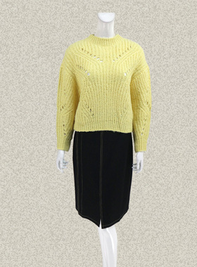 仿F 正品 镂空提花清新浅黄女冬春羊驼毛绵羊毛棒针衫毛衫 00217