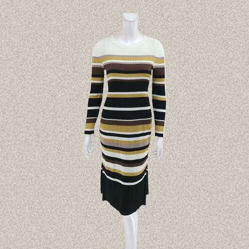 仿F/DE K*RA 正品 拼色条纹提花女春秋冬绵羊毛针织连衣裙132/383