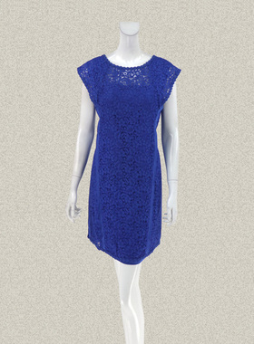 丝fu卡 正品 船形领包肩优雅女春夏秋蓝色大码蕾丝连衣裙 280156