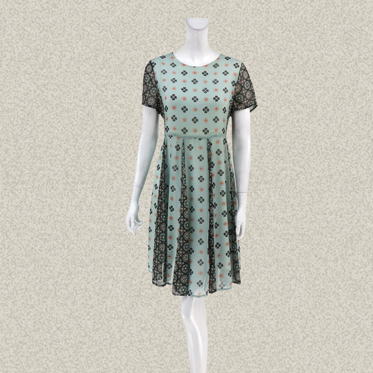法路INA 正品 清新印花拼色女夏短袖雪纺连衣裙大摆裙L0105/L6265