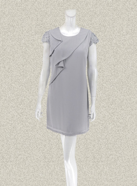 丝fu卡 正品 蕾丝拼接不对称荷叶边雅致灰色女夏短袖连衣裙280390