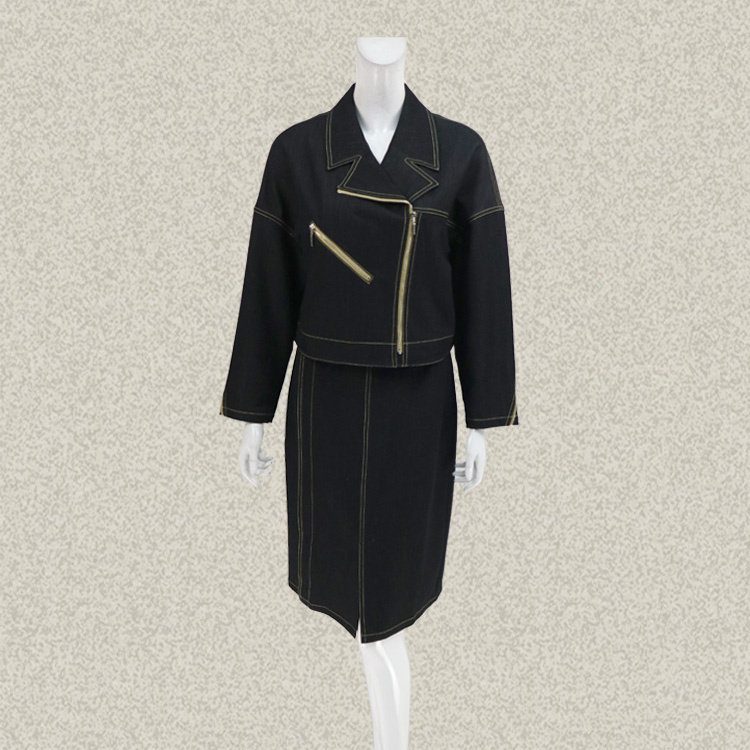 仿F 正品 撞色明线落肩机车风女春秋黑色弹力牛仔拉链短外套00145