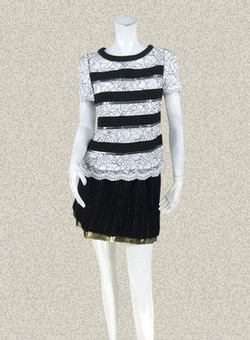 蕾DOW 正品 间条贴布拼色夹亮丝提花蕾丝衫女夏季短袖上衣SA15109