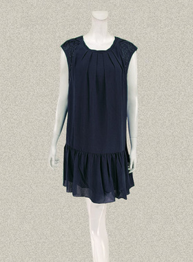 玛*曼K 正品 重工刺绣蕾丝拼接扭边领荷叶摆女夏秋H型连衣裙15192