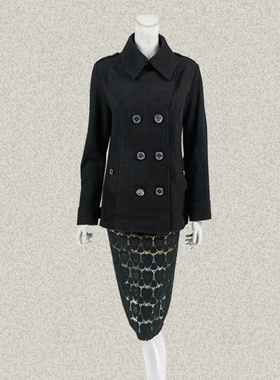 B**ssge 翻领双排扣毛织拼接黑色休闲女春秋冬羊毛薄呢外套 09165