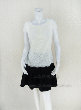 盛夏清仓!欧BL奴 白色提花蕾丝拼雪纺百搭女夏套头衬衫上衣E5342