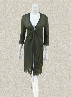 新!奈CO 正品 绳线绣花七分袖流苏边女夏秋修身针织开衫AGG211000