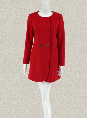 新!Double*爱 正品 喜庆红色简约女冬春羊毛中长毛呢大衣P8150b