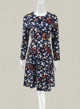 新!爱珂菲EAACPP 正品 雅致印花收腰大摆淑女秋冬连衣裙EM15131