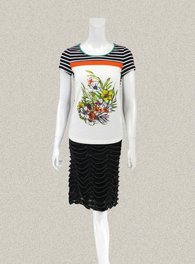 蕾DOW 正品黑白条花卉印花拼色烫钻女夏棉弹力针织衫T恤L5SC15114