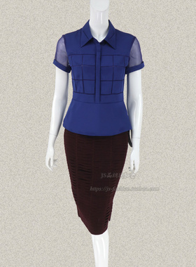 新!奈CO 翻领半开胸方块贴布拼接女夏修身衬衫5D462302/312/325