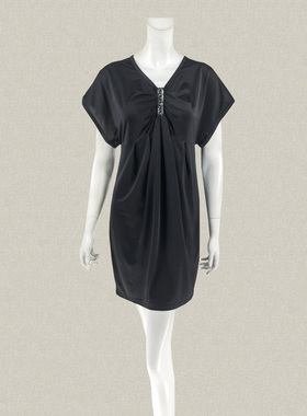 CYC 正品 珠管褶皱装饰连肩袖藏肉黑色女夏秋弹力针织连衣裙 6130