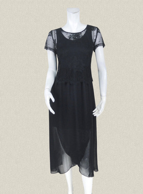Double*爱 提花蕾丝罩衫配背心裙黑色女春夏两件式连衣裙 04195