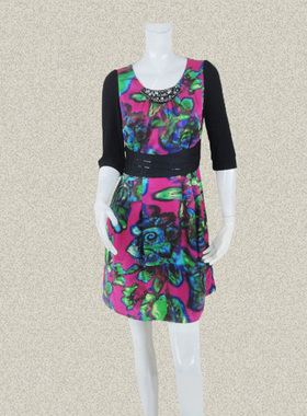 蕾DOW 正品 精致钉珠甜美印花针梭拼色女春夏中袖连衣裙 A15109