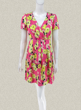 新!爱珂菲yidian 正品 V领褶皱遮肚甜美印花女夏连衣裙 DF25284Y