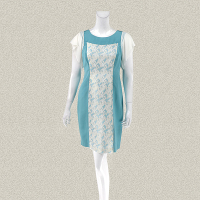 爱珂菲yidian正品 清新亮丝提花拼色荷叶袖女夏桑蚕丝连衣裙25208