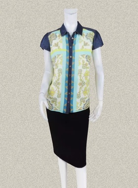 蕾DOW 正品清仓 牛仔拼色清新印花女夏季百搭短袖衬衫上衣 82004