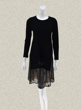 法路INA 不对称镂空提花侧开叉黑色女春秋针织衫上衣 5103/0002