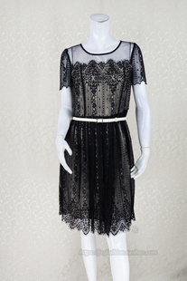 性感半透视钉珠亮片饰提花蕾丝短袖 fon 圆领女夏连衣裙LD149 新