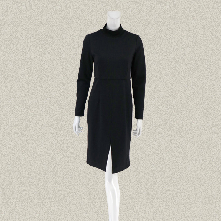 法路INA  罗纹领前开叉修身黑色女春秋冬棉/羊毛针织连衣裙 7410