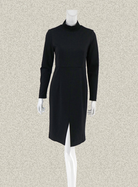 新!法路INA  罗纹领前开叉修身黑色女秋冬羊毛针织连衣裙FRDL7410