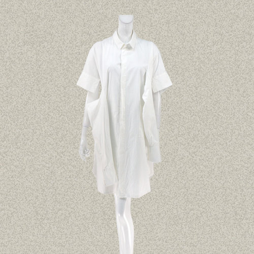 菲RO格NO 不对称长短袖设计暗襟系扣全棉女夏白色长衬衫 TA2E001