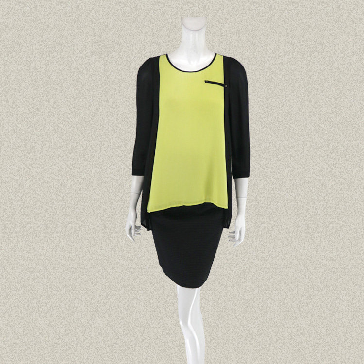 尚MORE 正品 八分袖百褶黄黑拼色前短后长遮臀女春秋衬衫上衣 012