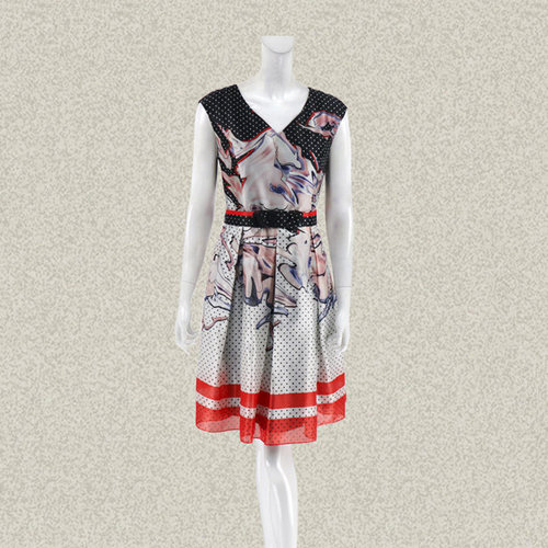 邦BUOU 正品 甜美波点拼色印花V领无袖女春夏连衣裙大摆裙 G138