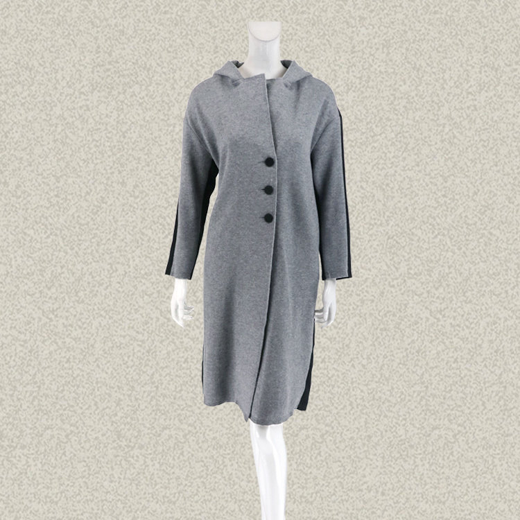 新!法路INA 正品 针织撞色雅致灰色连帽女冬春羊毛呢大衣FQCD5562