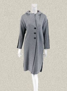 新!法路INA 正品 针织撞色雅致灰色连帽女冬春羊毛呢大衣FQCD5562