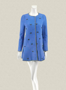 季H风 拼色包边钉钻亚克力清新蓝色女春秋冬羊毛呢外套大衣 DA247