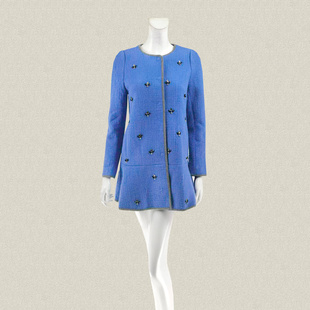 DA247 拼色包边钉钻亚克力清新蓝色女春秋冬羊毛呢外套大衣 季 H风