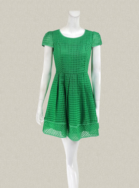 丝fu卡 正品 格子提花清新绿色女夏秋短袖收腰大摆连衣裙 280576