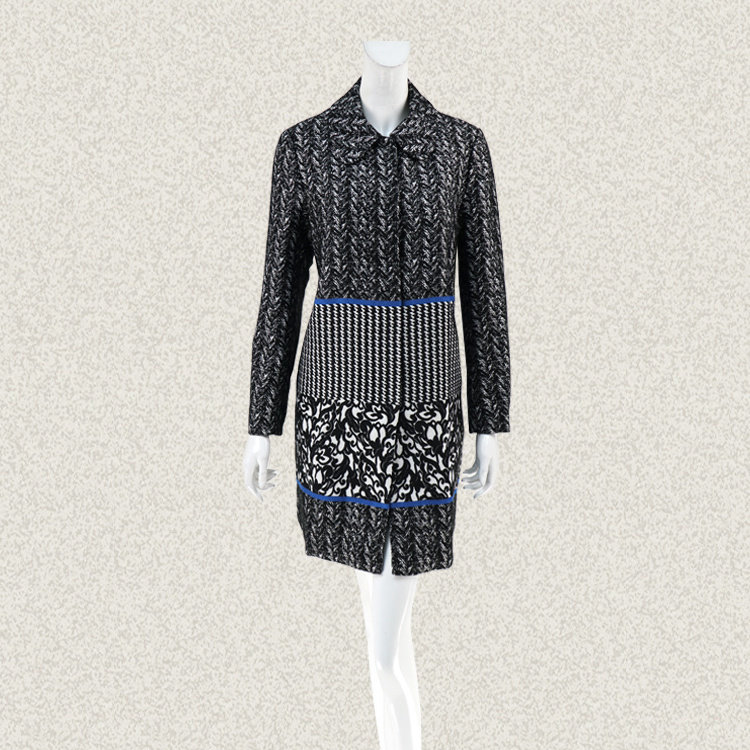 黑白提花拼色显瘦风衣中长外套