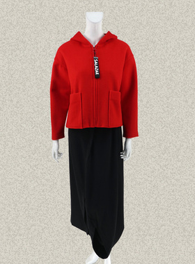 新!森系列 S*azar 贴布印花连帽喜庆红色女春羊毛呢短外套2HWF255